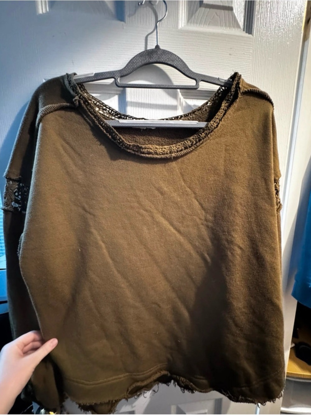 Promesa Olive Distressed Raw-Edge Pullover